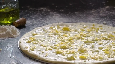 Cooking pizza. Hands adding fresh grated cheese to pizza dough. Pizza Stock Footage 75058708