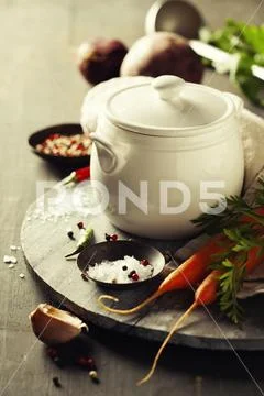 Cooking pot and vegetables for making vegetable soup Stock Photos
