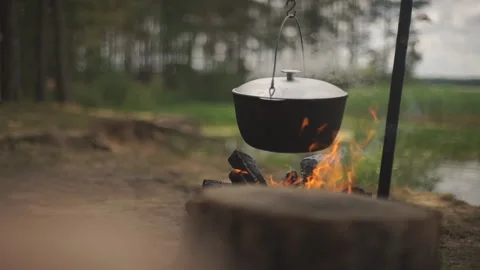 Cooking in a pot on the fire Stock Footage 92450034