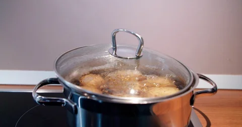 Cooking pot full of boiling water with food inside, potato.  Stock Footage 123548405