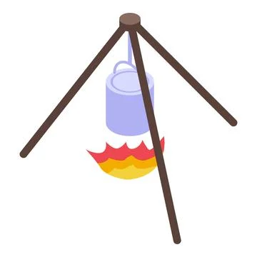 Cooking pot hanging over campfire on tripod, camping and outdoor cooking co.. Ilustração Stock