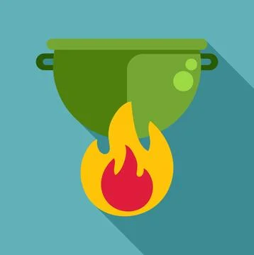 Cooking pot heating up over a campfire flame Ilustração Stock