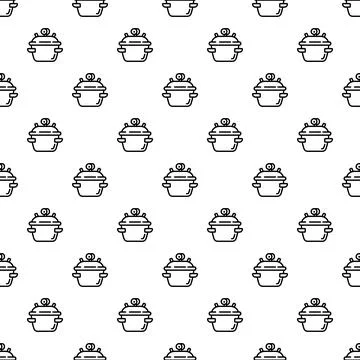 Cooking pot kitchenware seamless pattern with line art Stock Illustration
