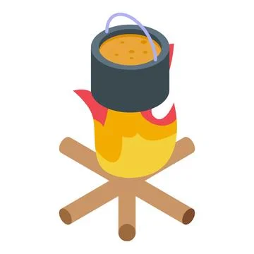 Cooking pot over bonfire, preparing food outdoors isometric icon Stock Illustration