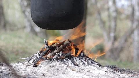 Cooking in a pot over campfire Stock Footage 88811095