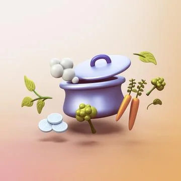 Cooking pot with vegetables - stylized 3d CGI icon object Stock Illustration