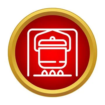 Cooking pot warming over flames symbol in a red gold circle Ilustração Stock