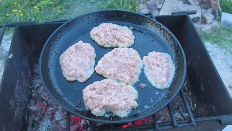 Cooking potato pancakes, cutlets on an open fire in a calm atmosphere outdoors d Stock Footage 309334026