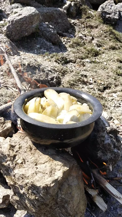 Cooking potatore on Fire on nature Stock Footage 154757841