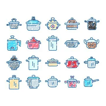 Cooking pots and pans kitchenware doodle icons Stock Illustration