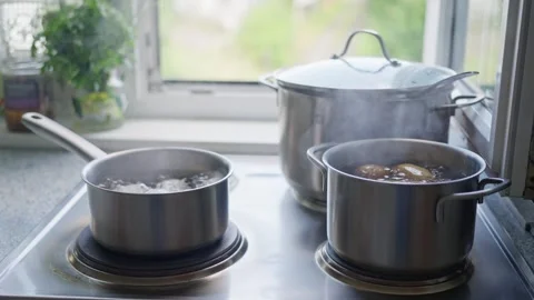Cooking Process Boiling Water and Steaming Various Ingredients in Pots and Stock Footage 308663337