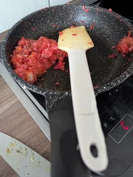 Cooking Process Captured. Preparing Homemade Tomato Dish. Closeup Of Sauce .. 库存照片