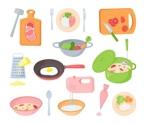 Cooking process. Cartoon kitchen tools and devices with chopped vegetables an 库存插图