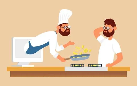 Cooking process with chef figures behind a stove. Stock Illustration