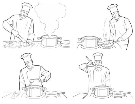 Cooking process with chef figures at the table in restaurant kitchen interior Illustrazione stock