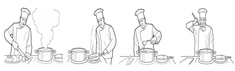 Cooking process with chef figures at the table in restaurant kitchen interior Illustrazione stock