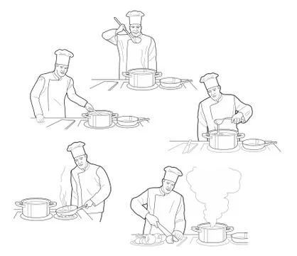 Cooking process with chef figures at the table in restaurant kitchen interior Illustrazione stock