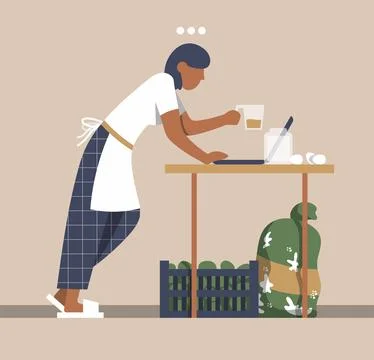 Cooking process with chef figures at the table in restaurant kitchen interior Stock Illustration