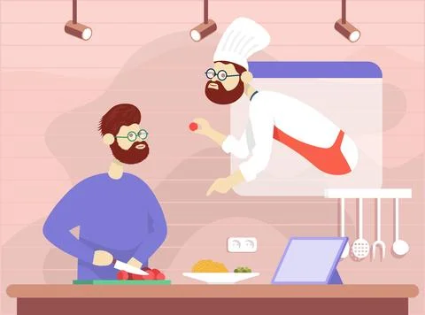 Cooking process with chef figures at the table in restaurant kitchen interior Stock Illustration