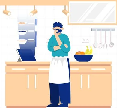 Cooking process with chef figures at the table in restaurant kitchen interior Stock Illustration
