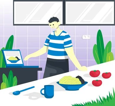 Cooking process with chef figures at the table in restaurant kitchen interior Stock Illustration