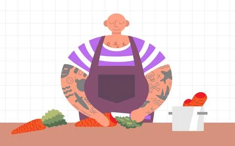 Cooking process with chef figures at the table. Color vector flat cartoon ico Stock Illustration