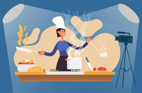 Cooking process with chef figures at the table in restaurant kitchen interior Stock Illustration