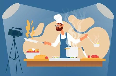 Cooking process with chef figures at the table in restaurant kitchen interior Stock Illustration