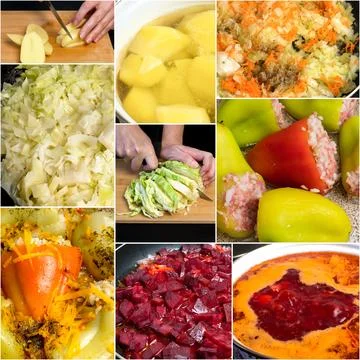 Cooking Process Collage with Chopping Vegetables, Frying Beets, Boiling Pot.. Stock Photos