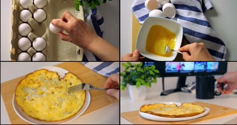Cooking process collage of eggs, whisking, omelette on plate, step by step Stock Footage 315692420