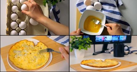Cooking process collage showing eggs, whisking, and omelette, step by step Stock Photos