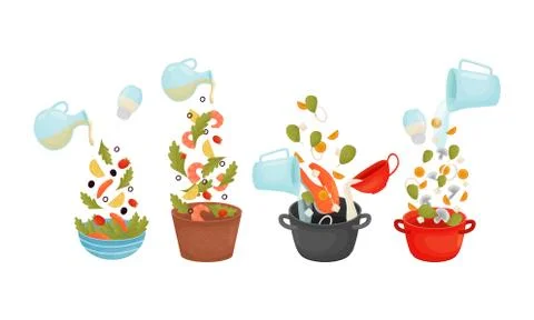 Cooking Process with Dressing Salad and Making Soup Vector Set Stock Illustration