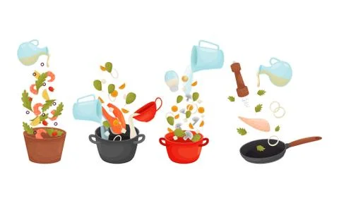 Cooking Process with Dressing Salad and Making Soup Vector Set Stock Illustration