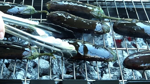 Cooking process of eggplant on the grill Stock Footage 111576223
