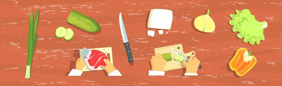 Cooking Process with Hand and Ingredient Table Above Vector Set Stock Illustration