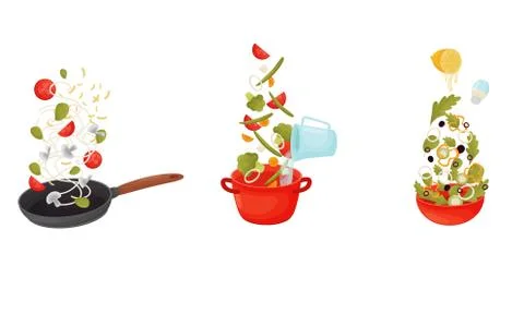Cooking Process with Making Pasta and Soup Vector Set Stock Illustration