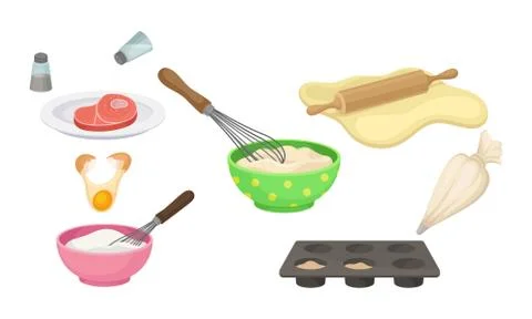 Cooking Process with Mixing, Rolling Out Pastry and Curing Bacon Vector Set Stock Illustration