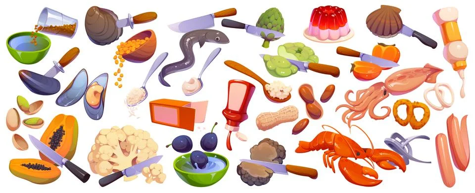 Cooking process set, kitchen utensils, ingredients Illustrazione stock