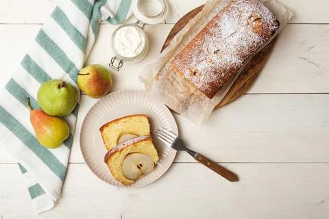 Cooking process step-by-step pear cake. Pear pie with pieces on plate. Step 6 Stock Photos