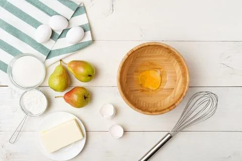 Cooking process step-by-step pear cake. Mixing, whipping of ingredients for d Stock Photos