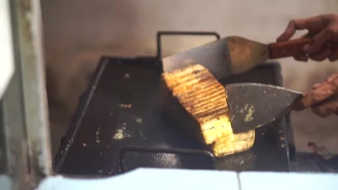 Cooking process of thick grilled bread with brown color and crispy Stock Footage 333973493