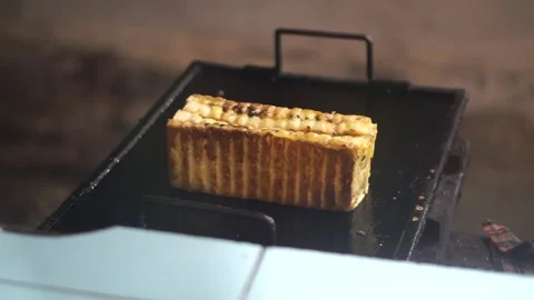 Cooking process of thick grilled bread with brown color and crispy Stock Footage 333973515