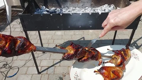 Cooking quail on a spit Stock Footage 276435908