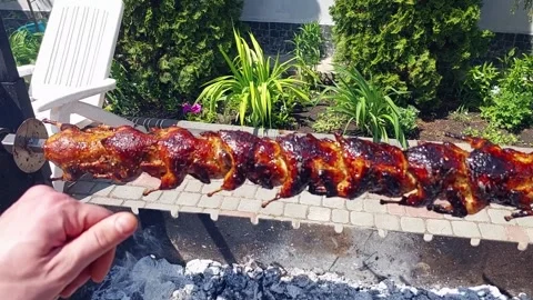 Cooking quail on a spit Stock Footage 276436161