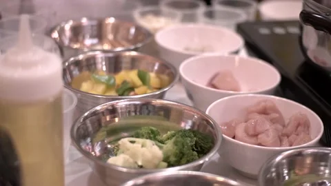 Cooking Raw  Ingredient for Making Chicken Vegetables Stir Fry Stock Footage 132015924