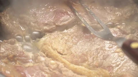 Cooking Raw Steak in pan. Close up. Stock Footage 80461297