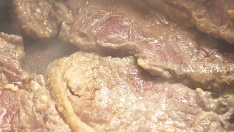 Cooking Raw Steak in pan. Close up. Stock Footage 80462081
