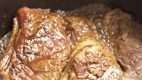 Cooking Raw Steak in pan. Close up. Stock Footage