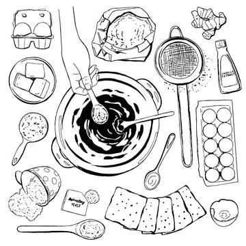 Cooking Recipe Elements Set for Cookie Making. Black Outline Vector Illustr.. Stock Illustration
