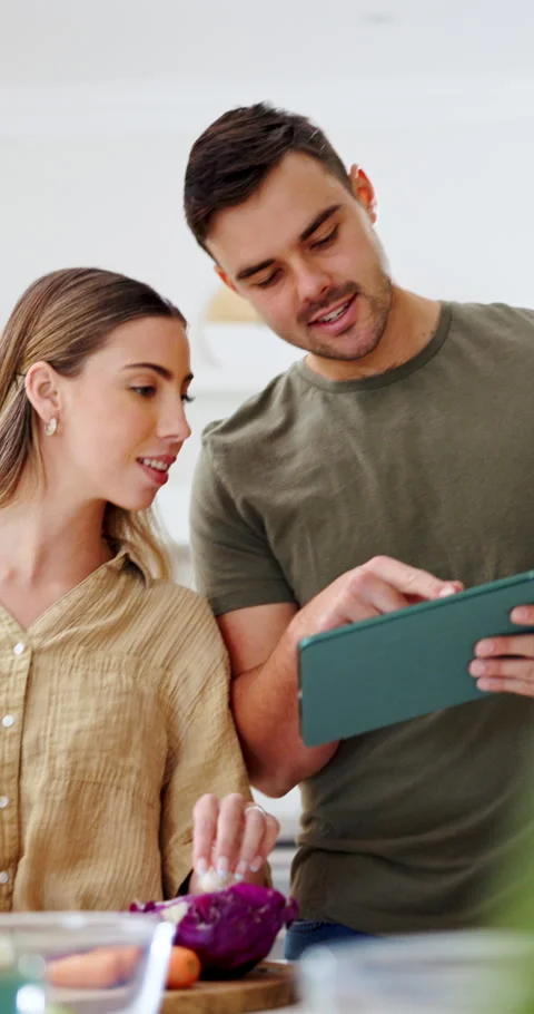 Cooking, research and couple with tablet in kitchen, online or learn culinary Stock Footage 337151983